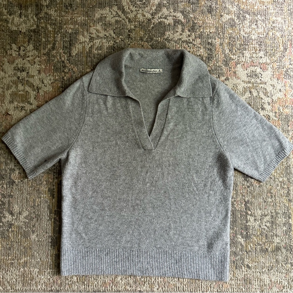 Abercrombie & Fitch Gray Wool Blend Short Sleeve Sweater Polo Collared Knit Top